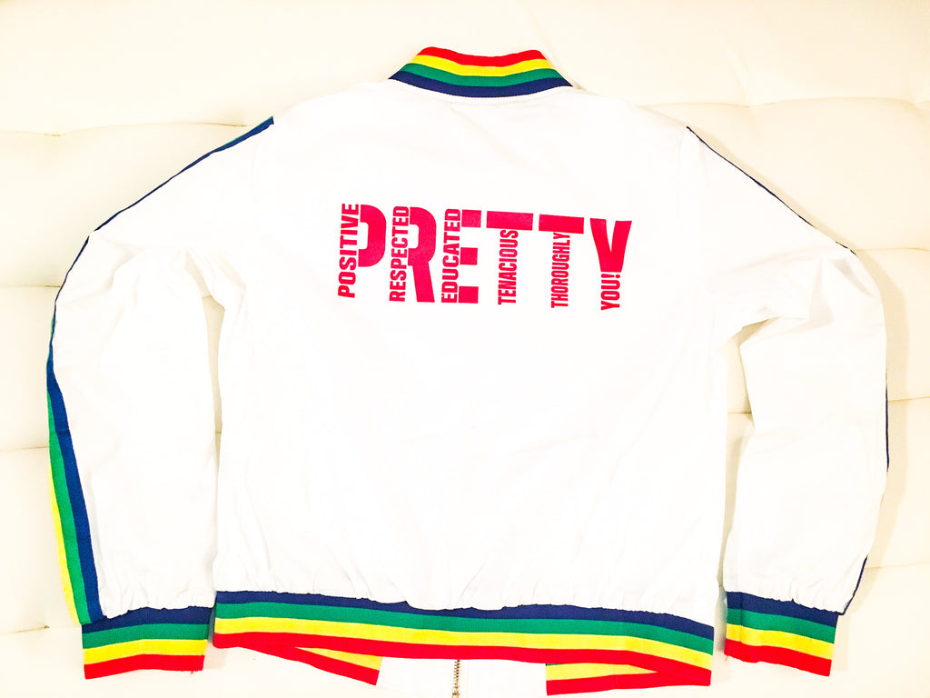 "P.R.E.T.T.Y." Rainbow striped bomber jacket