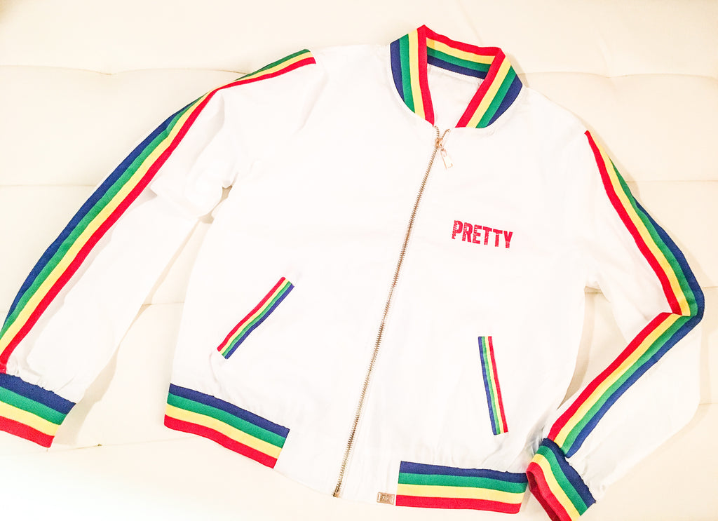 "P.R.E.T.T.Y." Rainbow striped bomber jacket