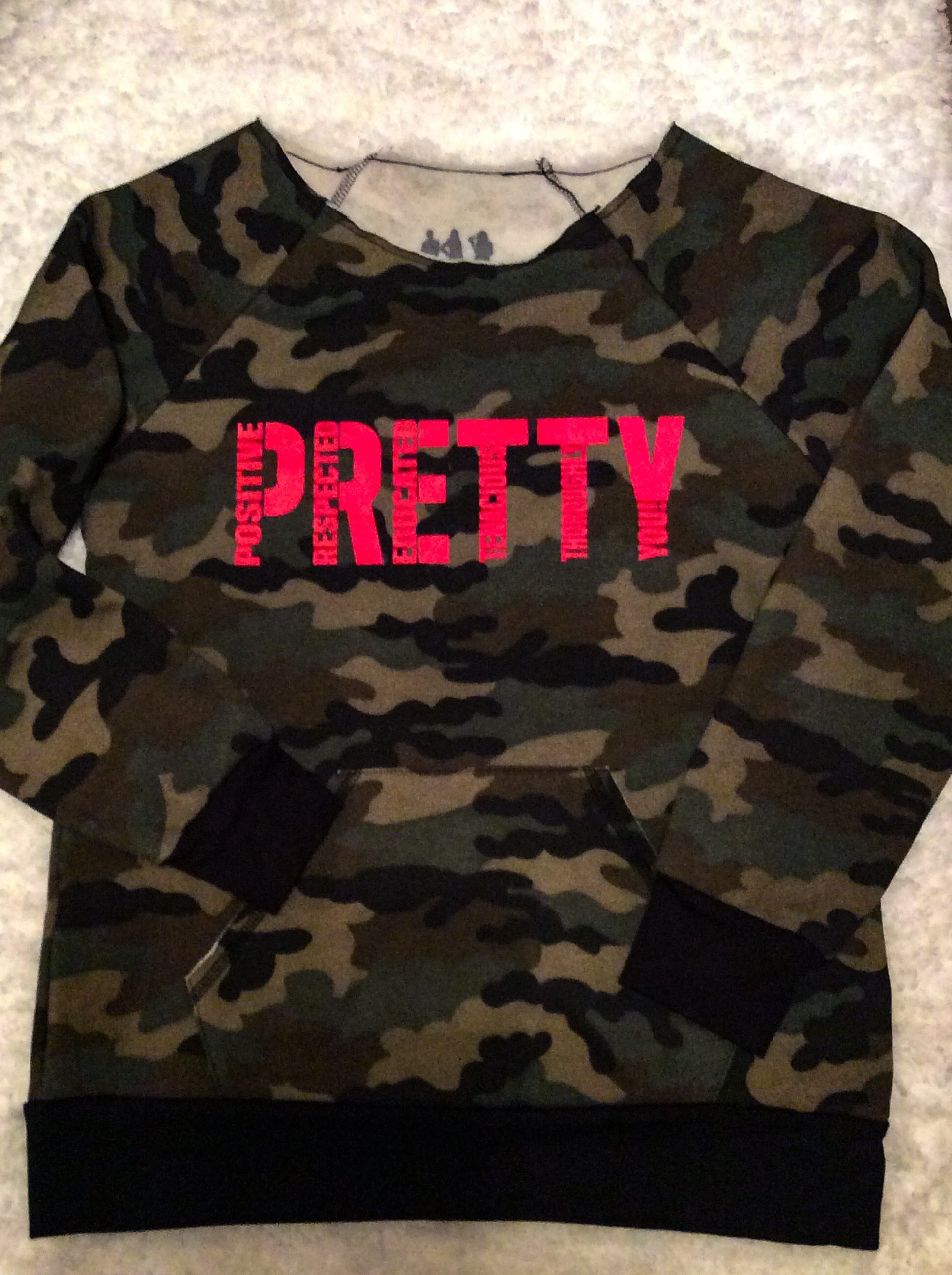 "P.R.E.T.T.Y." Camo looseneck raglan