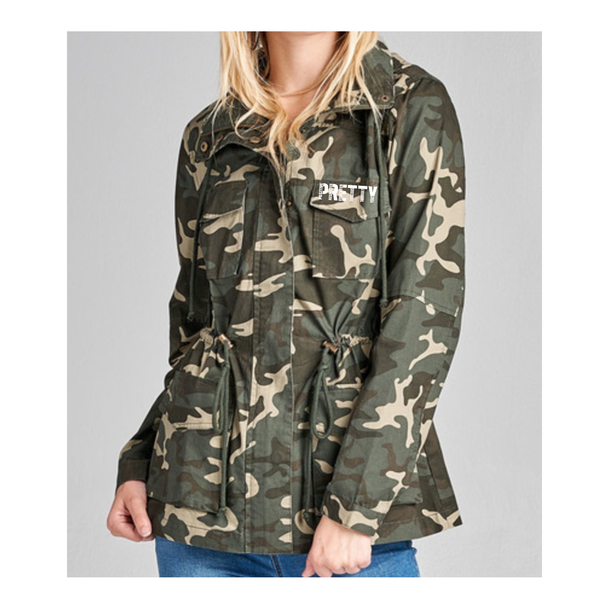 "P.R.E.T.T.Y." Camo hooded jacket