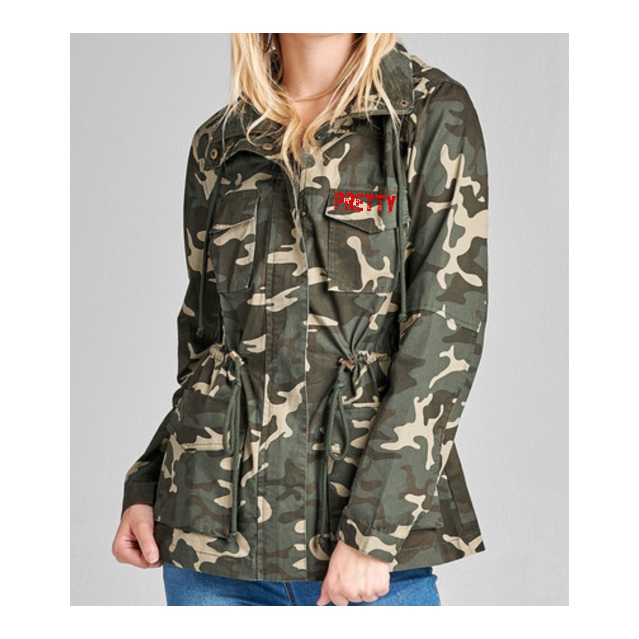 "P.R.E.T.T.Y." Camo hooded jacket