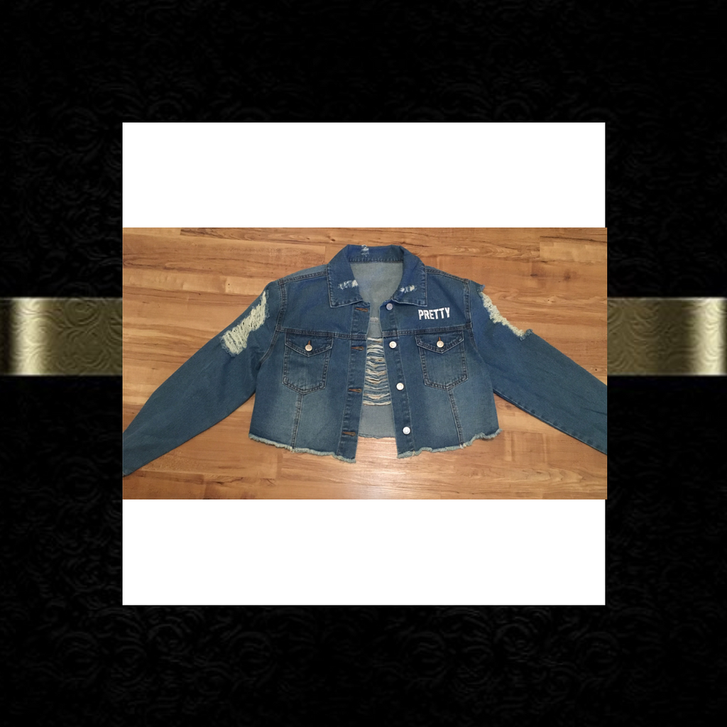 "P.R.E.T.T.Y." Distressed crop jean jacket