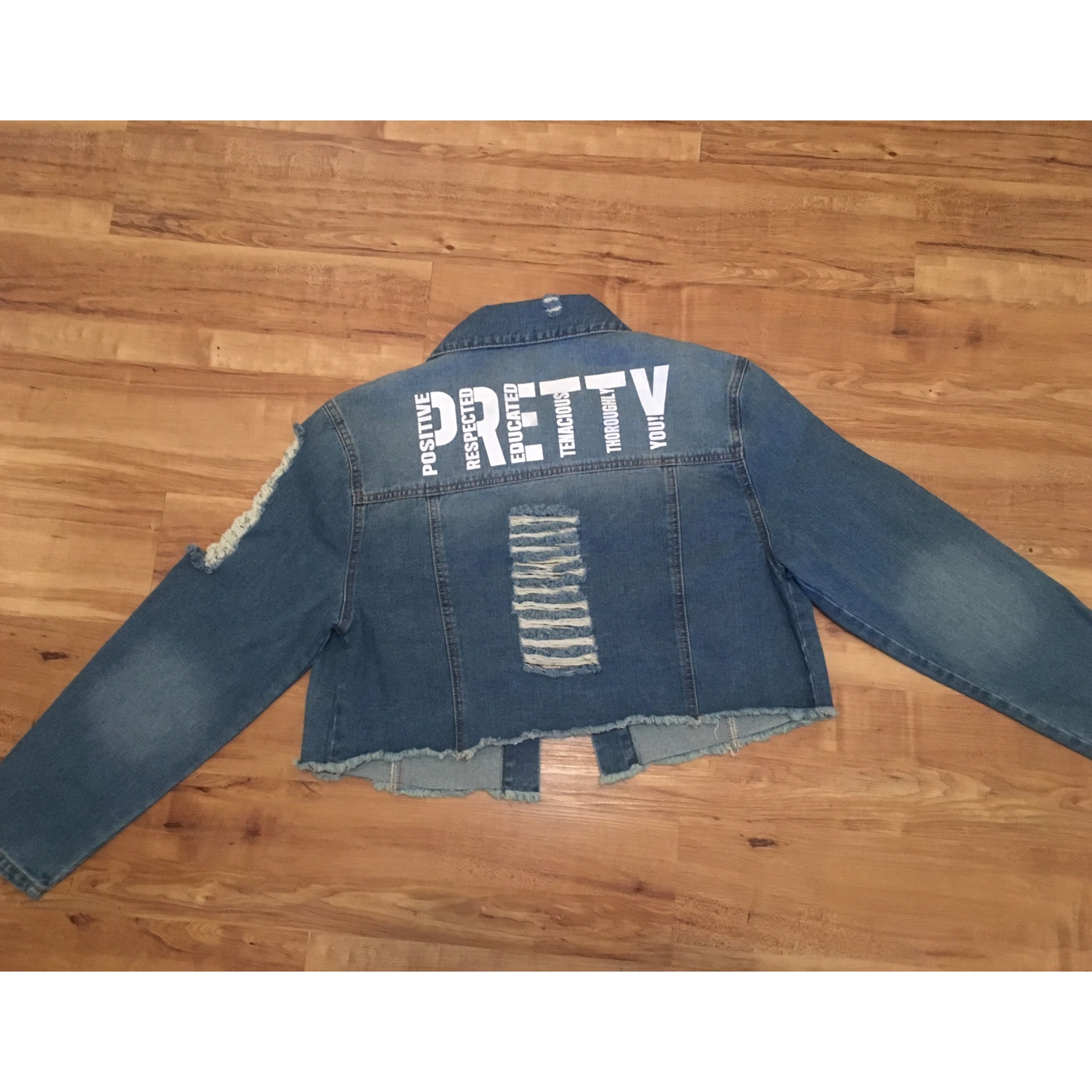 "P.R.E.T.T.Y." Distressed crop jean jacket
