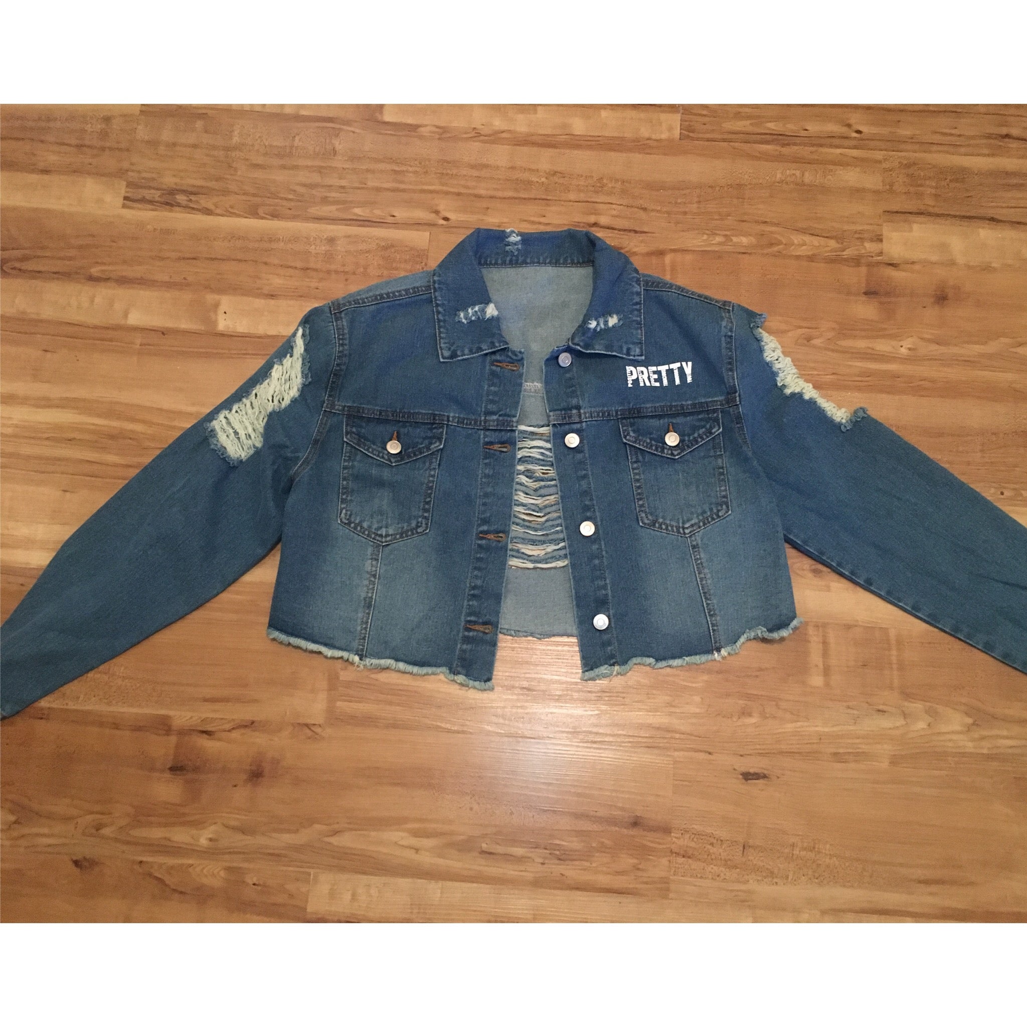 "P.R.E.T.T.Y." Distressed crop jean jacket