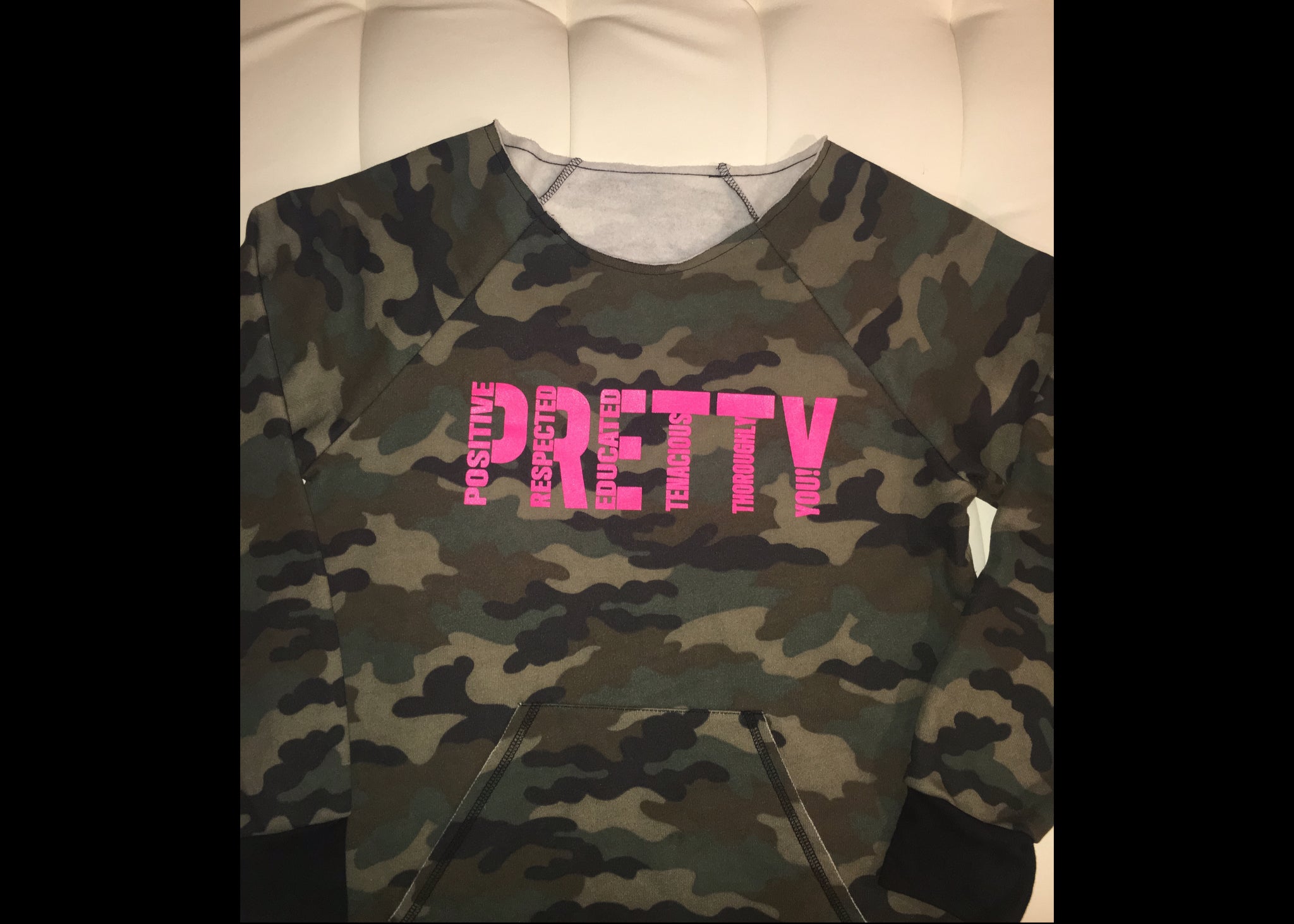 "P.R.E.T.T.Y." Camo looseneck raglan