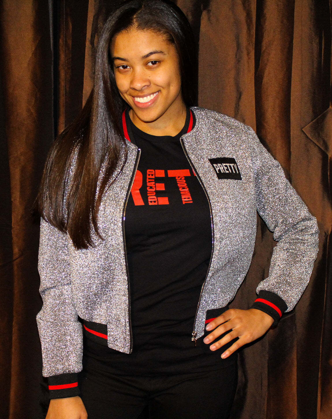"P.R.E.T.T.Y." glitter metallic bomber