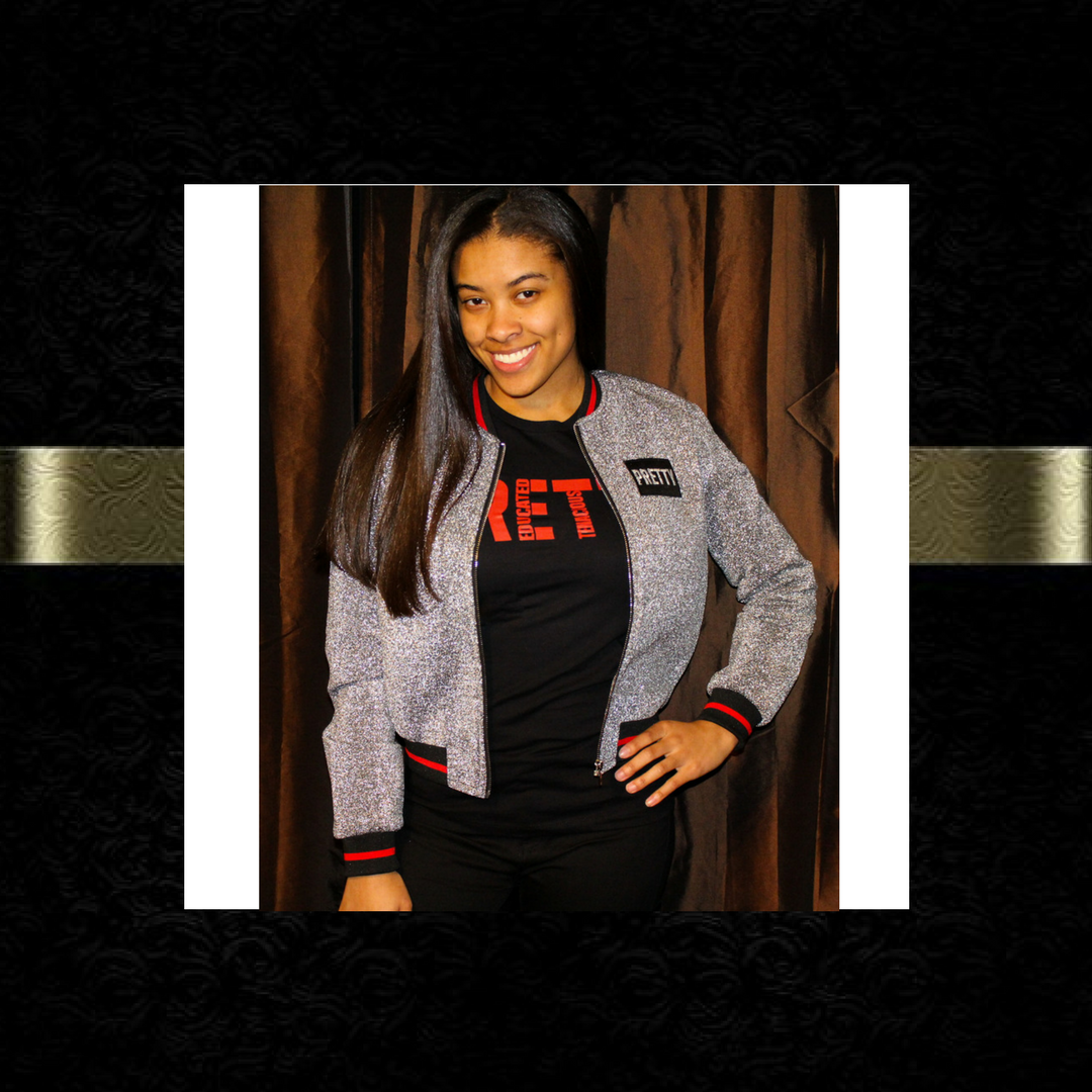 "P.R.E.T.T.Y." glitter metallic bomber