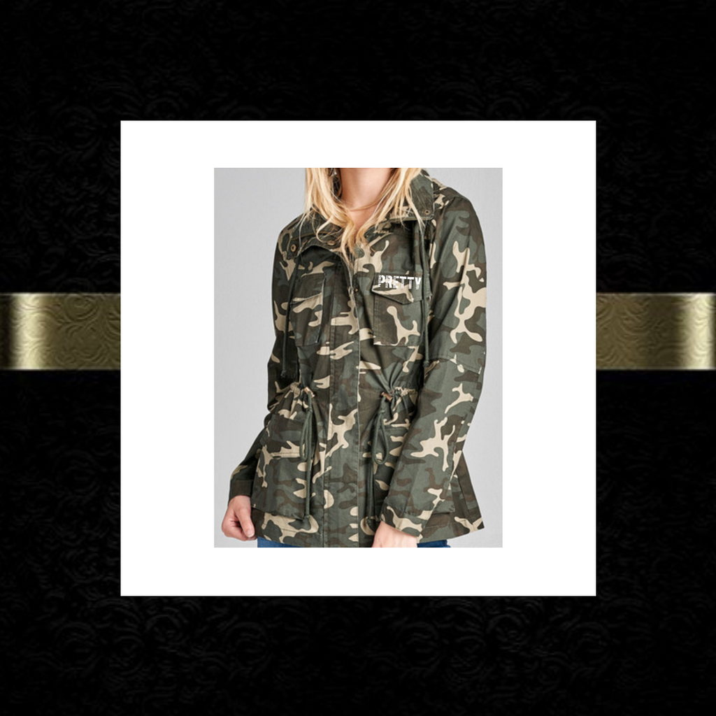 "P.R.E.T.T.Y." Camo hooded jacket