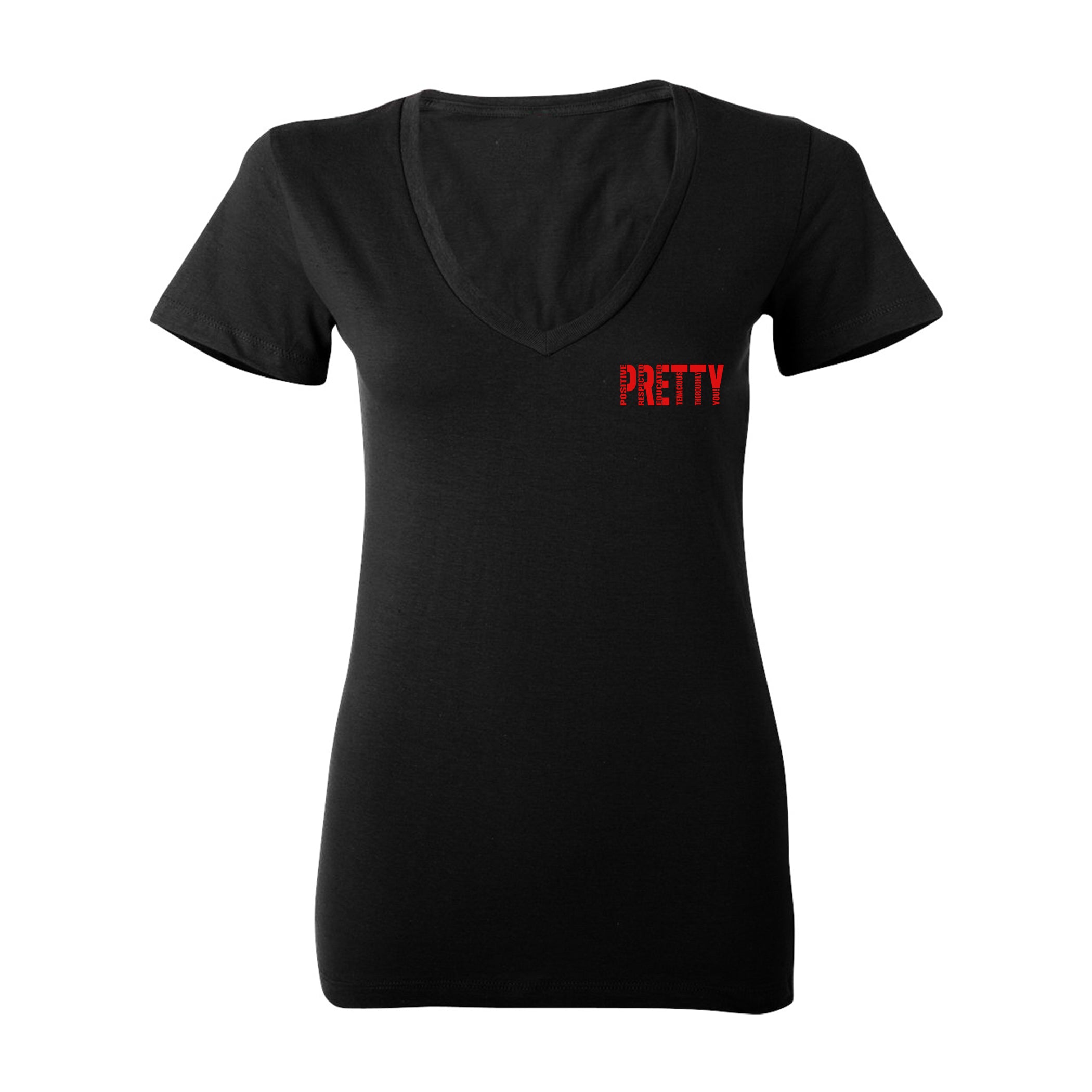"P.R.E.T.T.Y." pocket v-neck shirt