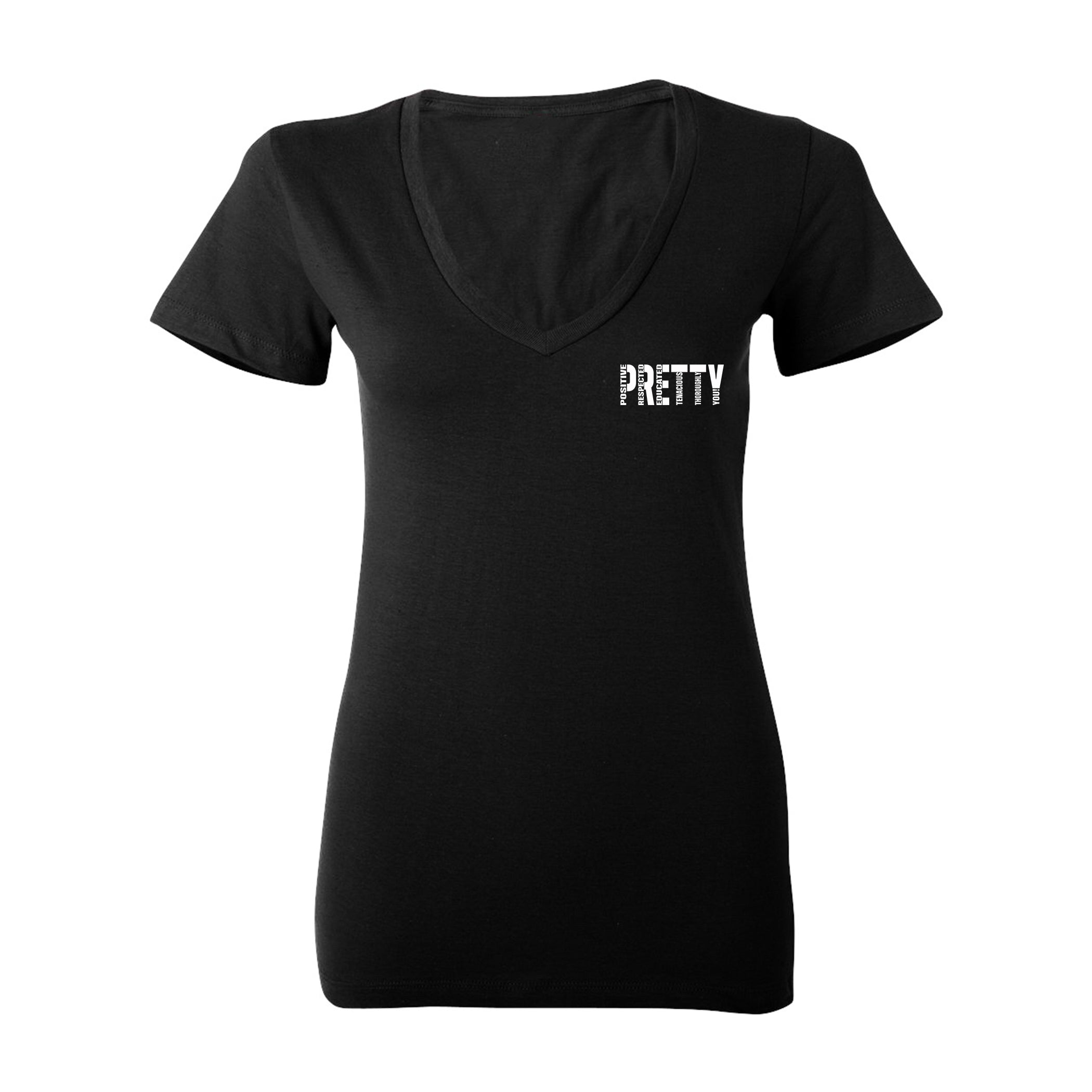 "P.R.E.T.T.Y." pocket v-neck shirt