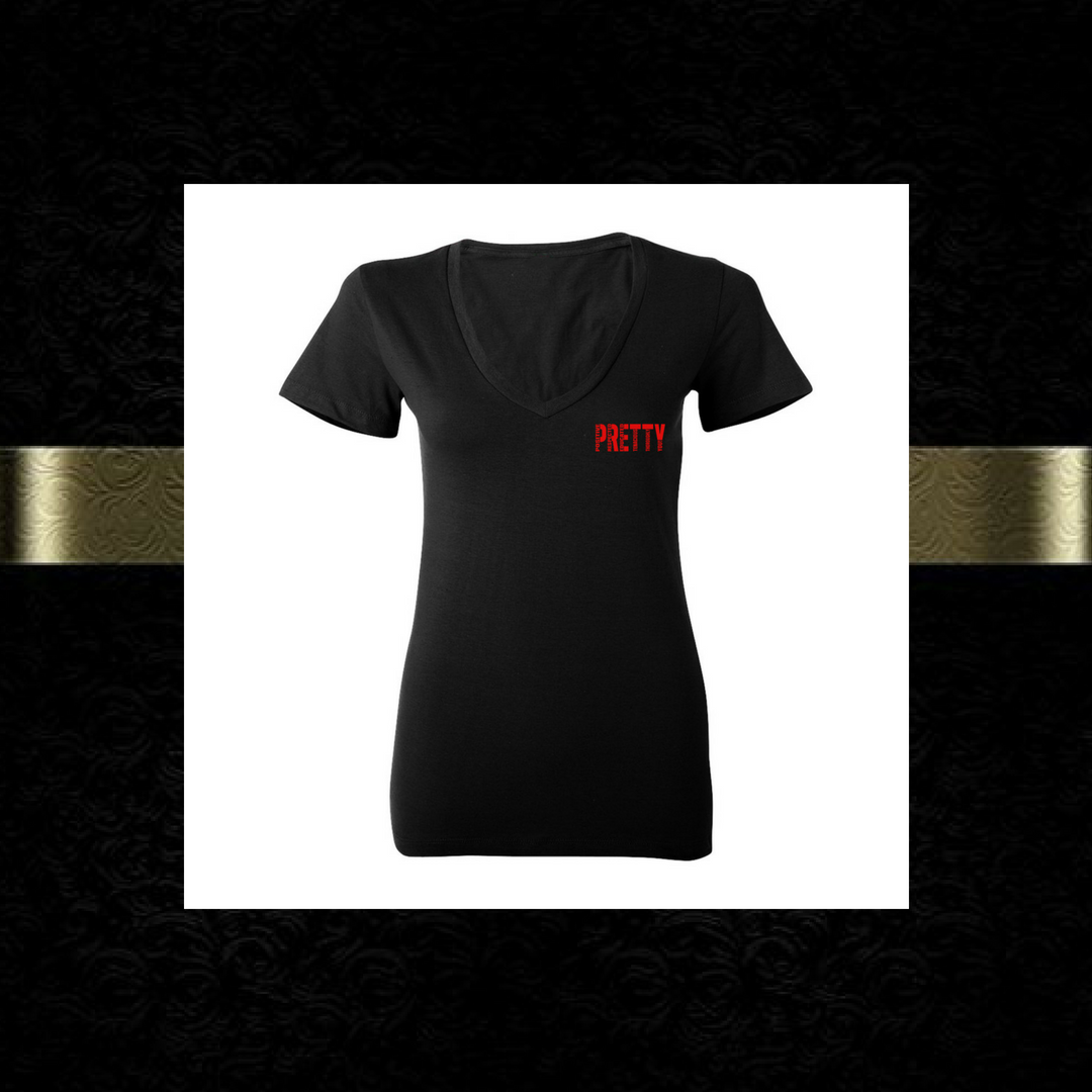 "P.R.E.T.T.Y." pocket v-neck shirt