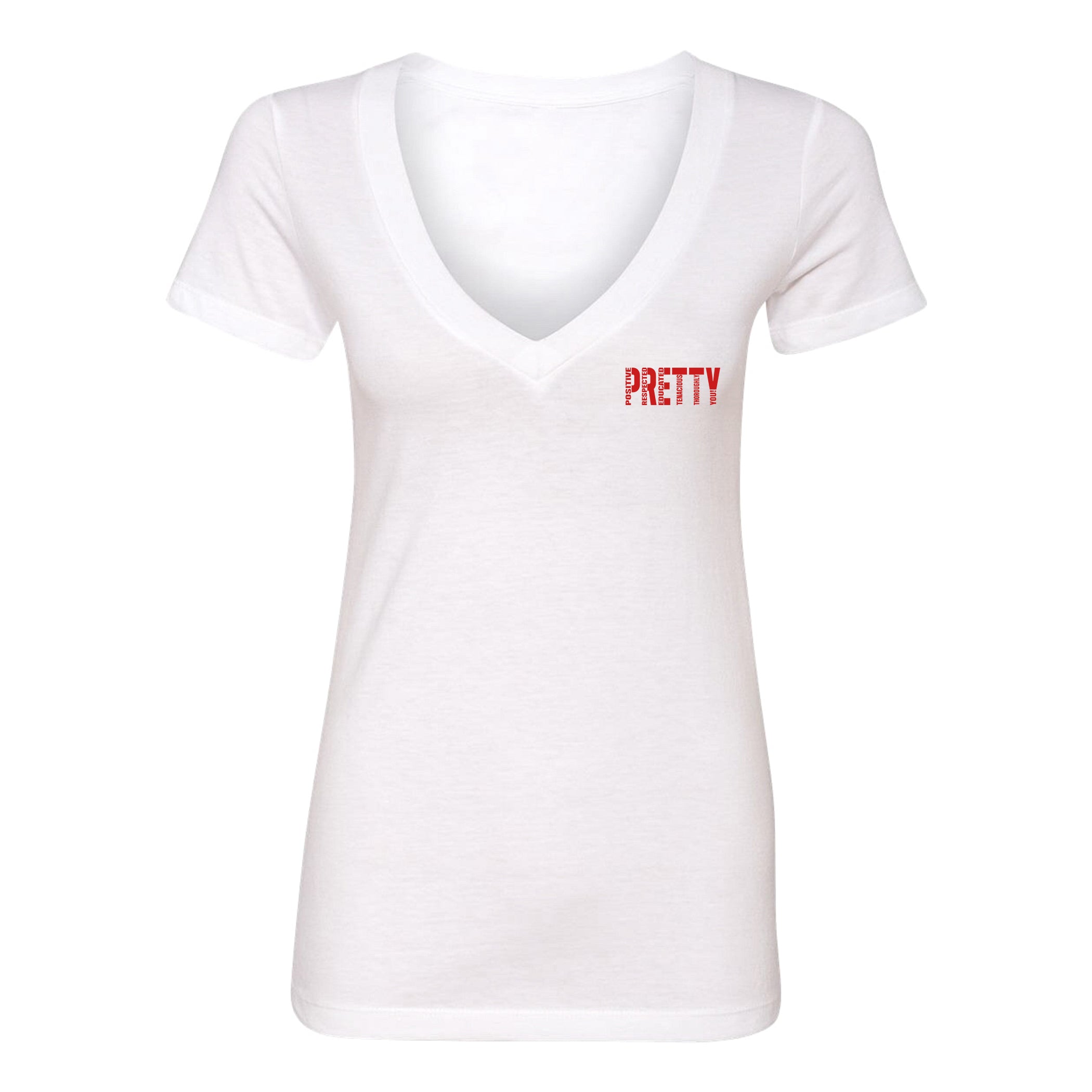 "P.R.E.T.T.Y." pocket v-neck shirt