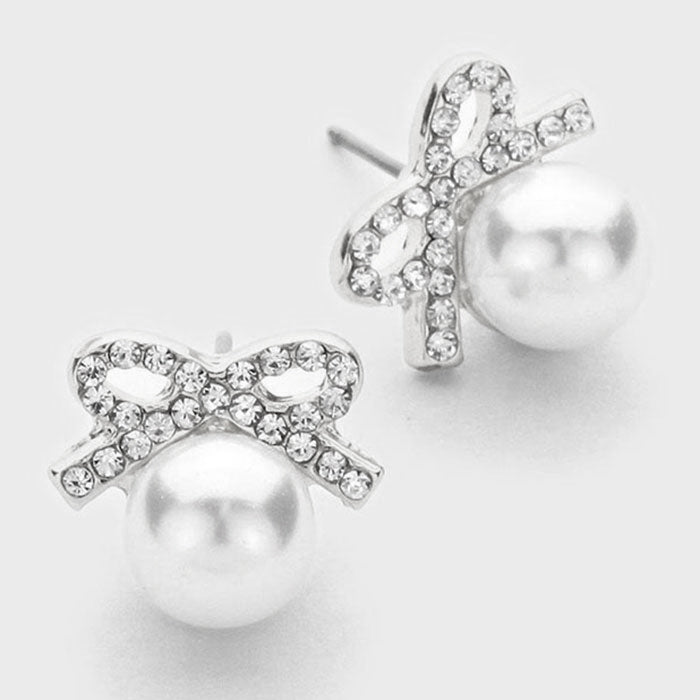 Crystal Bow Pearl Drop Earrings