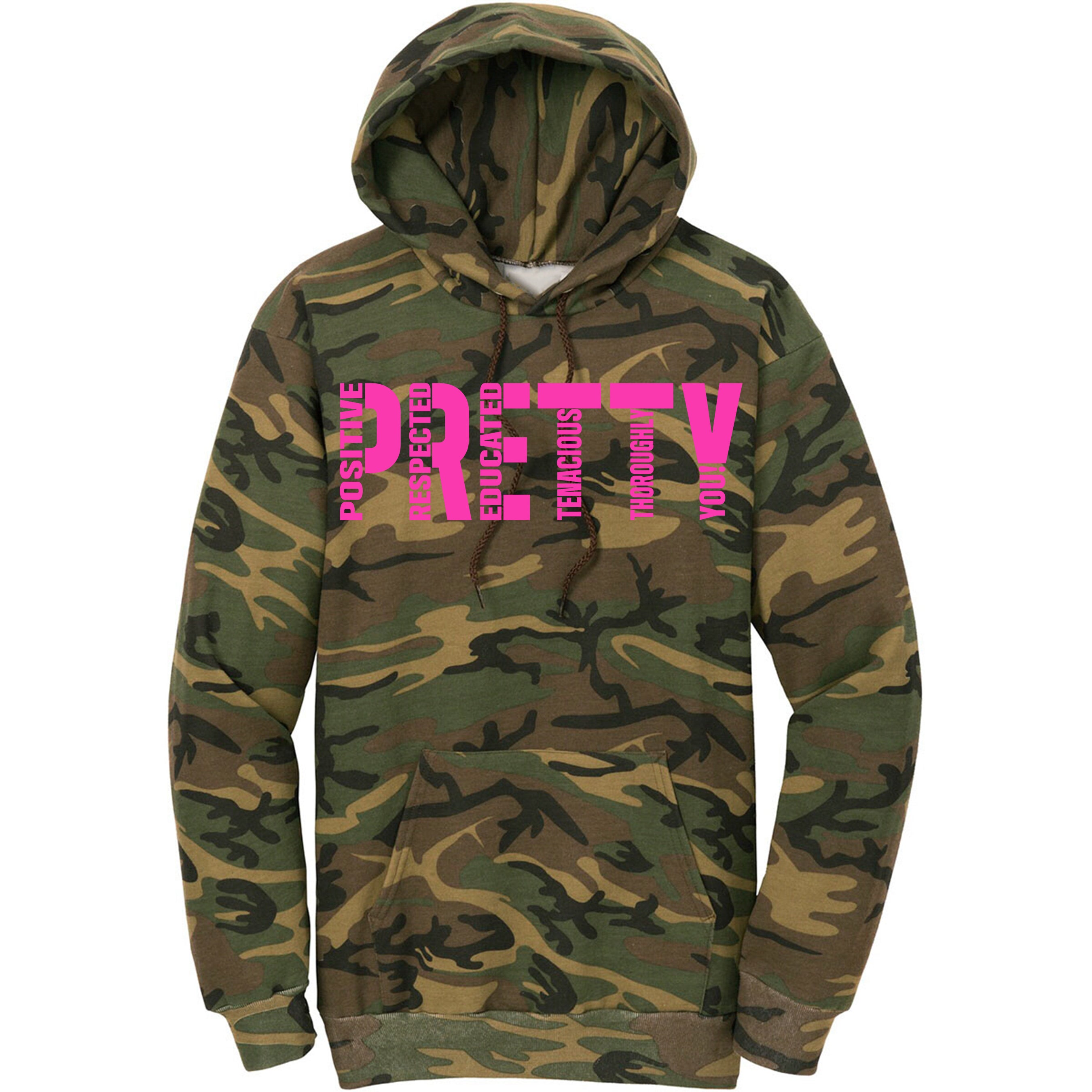 "P.R.E.T.T.Y." Camo pullover hoodie
