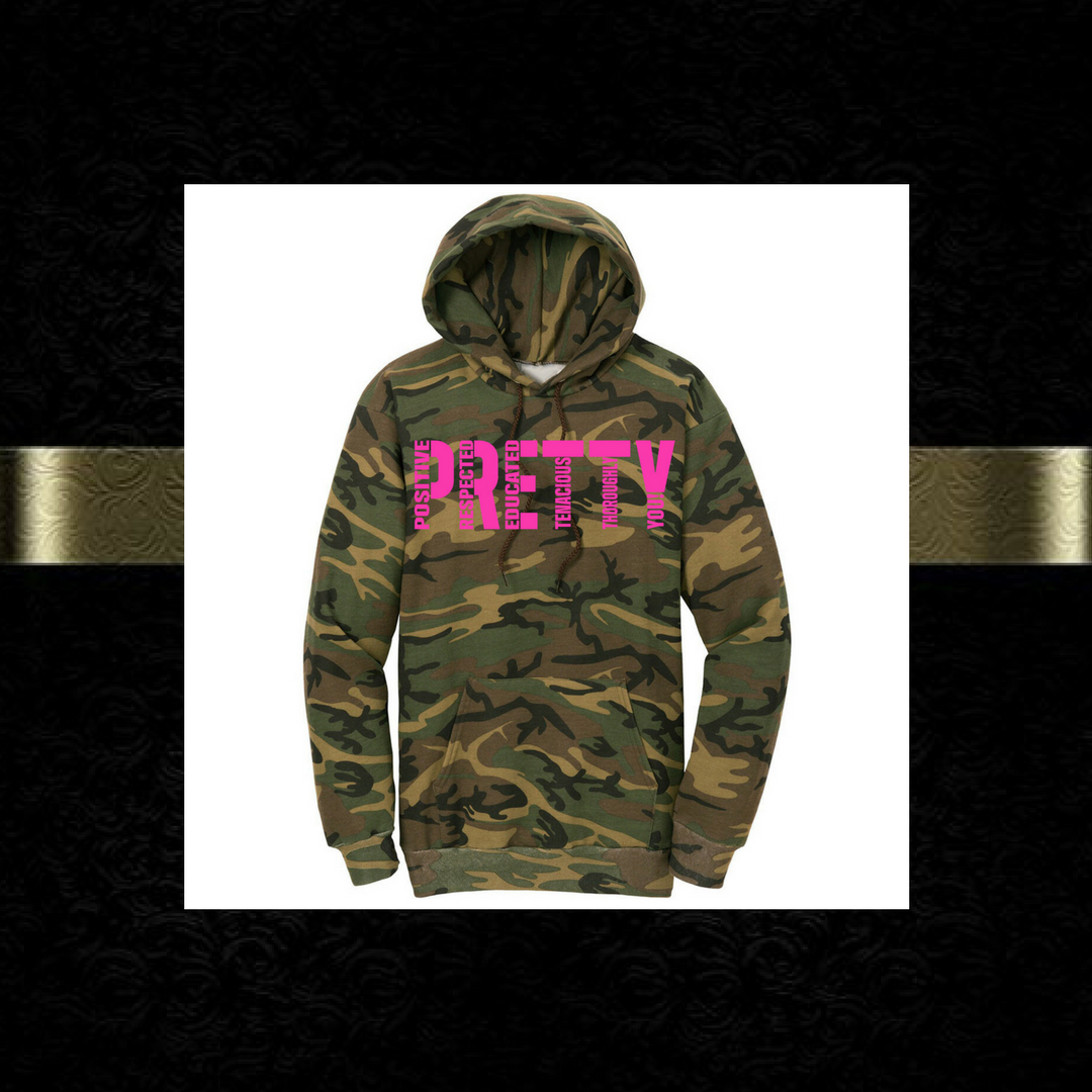 "P.R.E.T.T.Y." Camo pullover hoodie