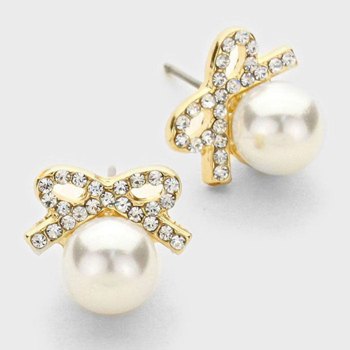Crystal Bow Pearl Drop Earrings
