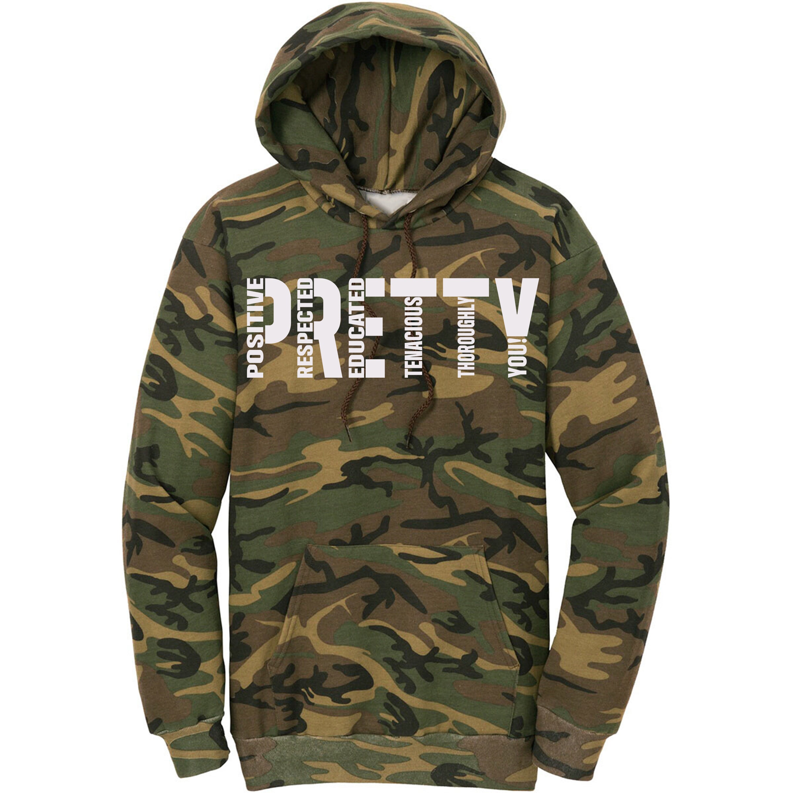 "P.R.E.T.T.Y." Camo pullover hoodie