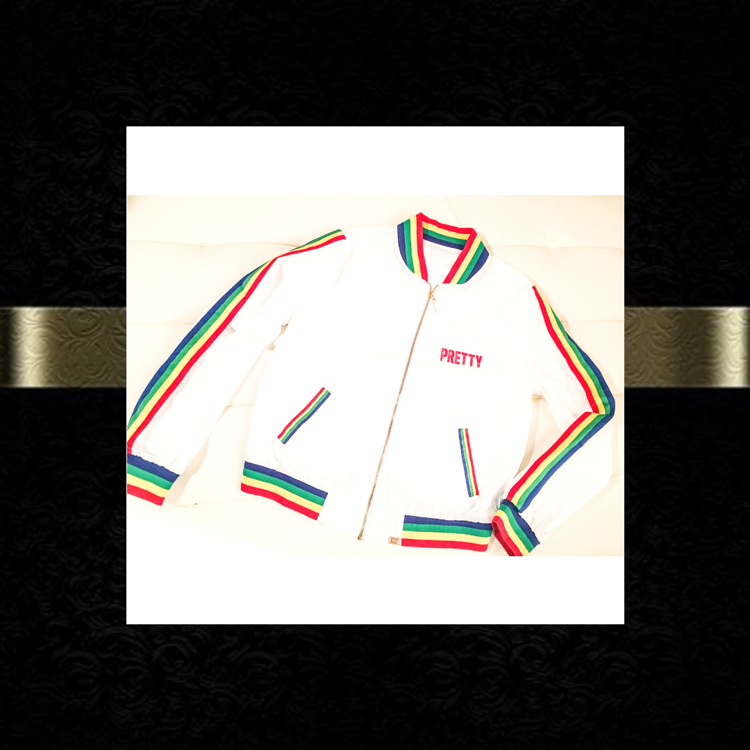 "P.R.E.T.T.Y." Rainbow striped bomber jacket
