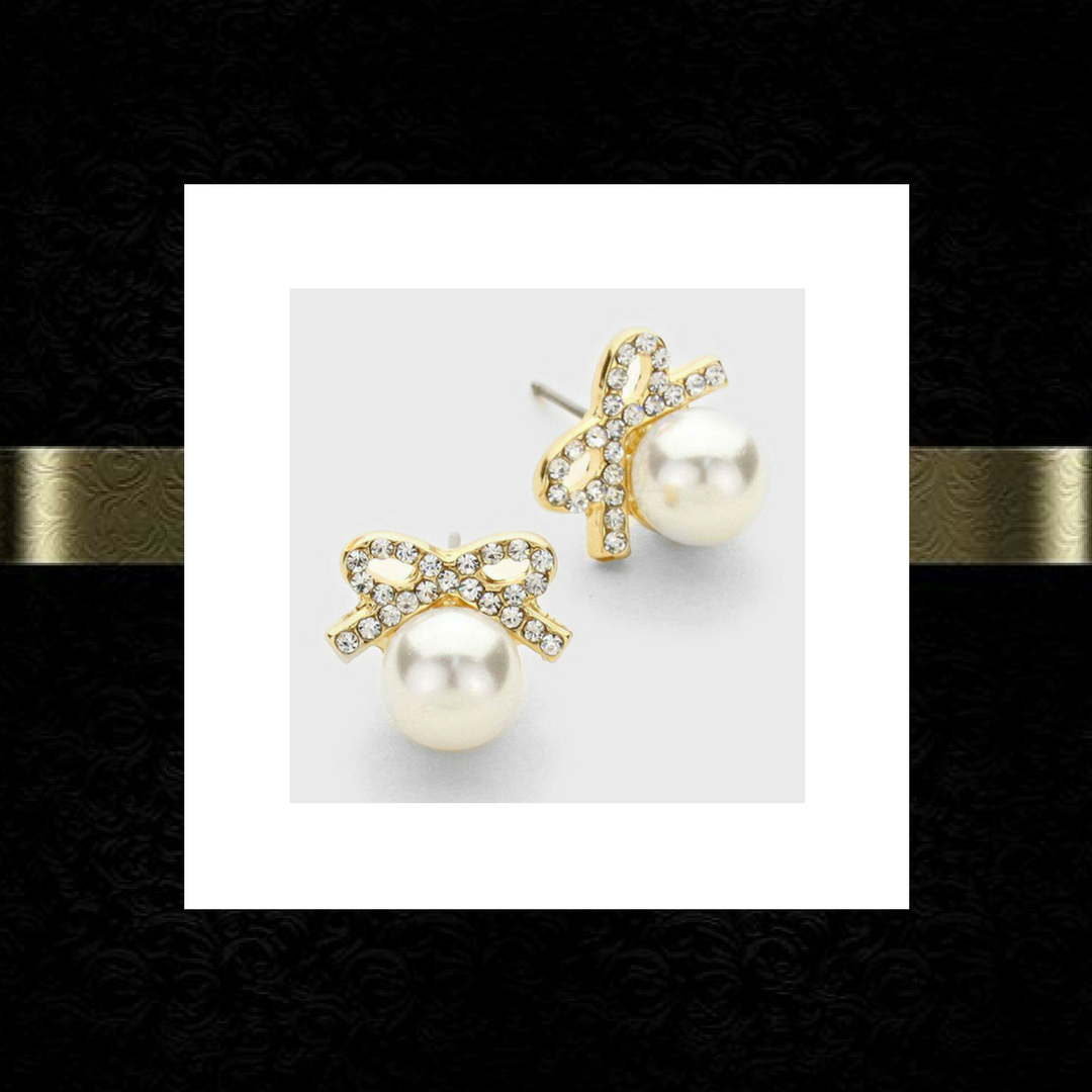 Crystal Bow Pearl Drop Earrings